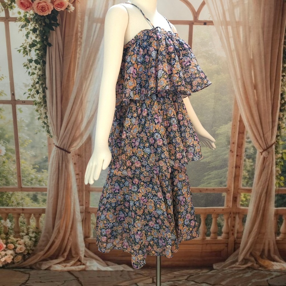 Vintage 1970s‎ Dress Tiered Sundress Spaghetti Straps Muted Floral  Samuel Blue